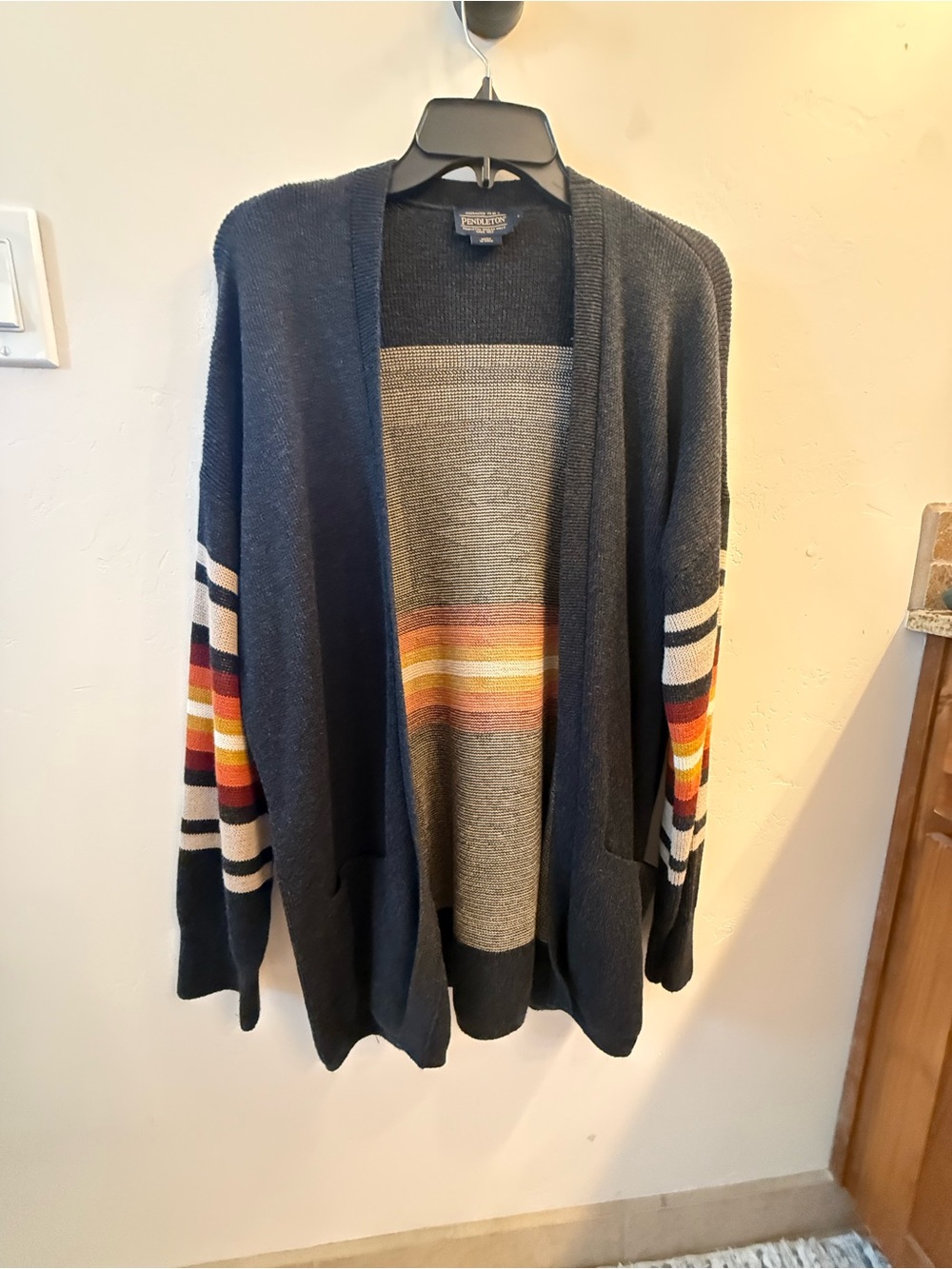 Pendleton Navy Open-Front Wool Cardigan with Multicolor Sleeve Stripes